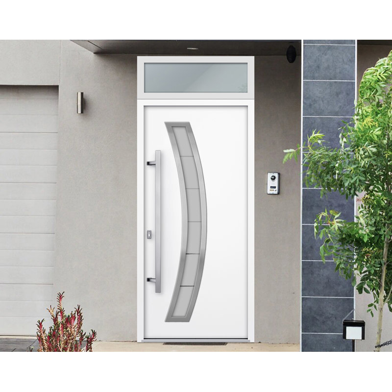 Porte d'entrée extérieure prémontée en acier Deux 6500, blanc, avec fenêtre supérieure et inserts en acier inoxydable. Style moderne, peinturé, largeur 36 po x hauteur 80 + 16 po, ouverture à droite vers l'intérieur.