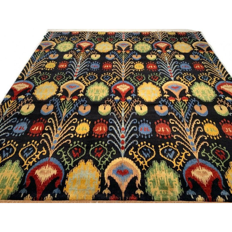 Tapis beige / noir / rouge en laine et en coton noué à la main 7 pi 11 po x 9 pi 9 po Ikat