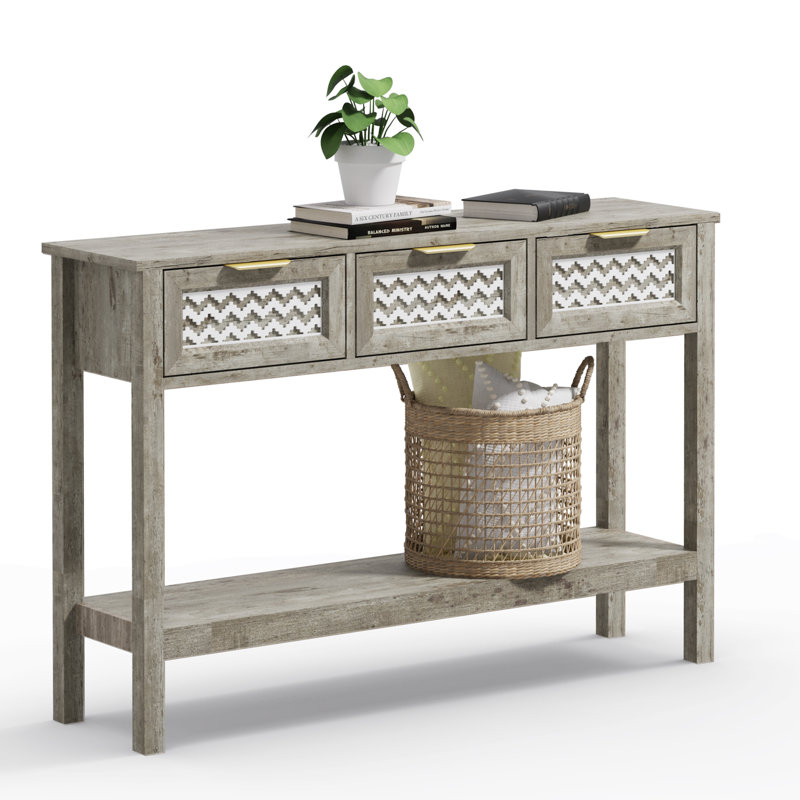 Table d'entrée, console avec 3 tiroirs et tablette ouverte pour le salon, le couloir, Gris