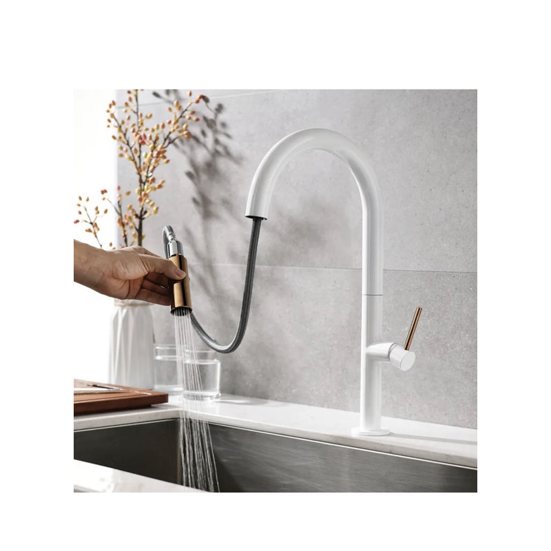 Robinet de cuisine laiton avec douchette extractible, Blanc
