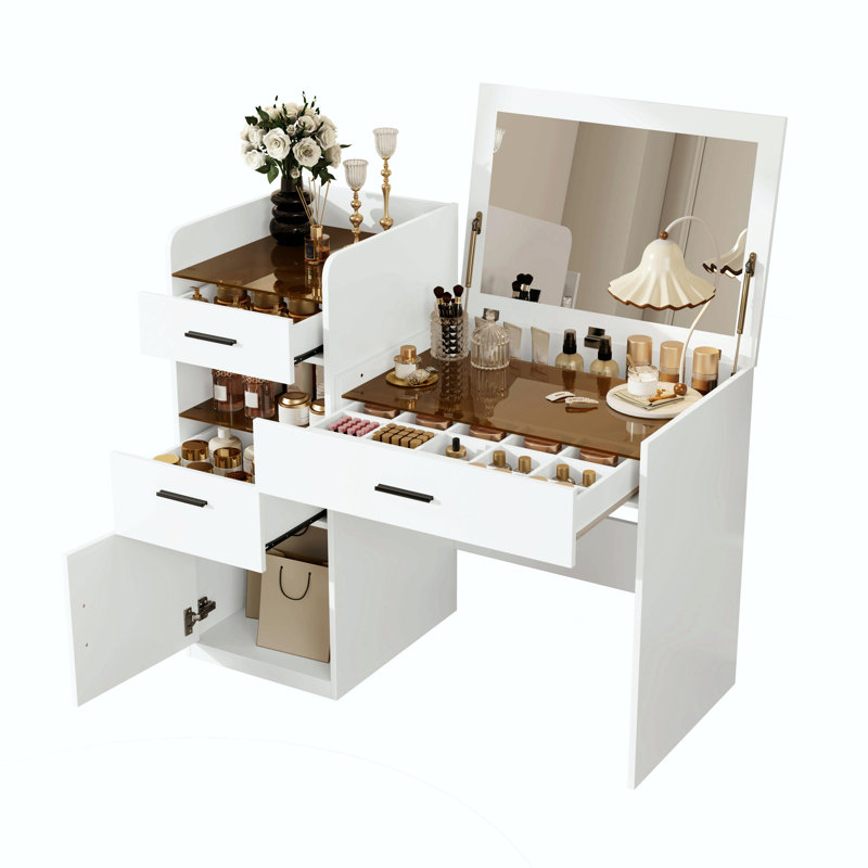 3-In-1 Vanity Desk With Flip Top Mirror, Glass Top Compact Makeup Vanity & Hidden Storage, Vanity Table With 3 Drawers And Cabinet, Space-Saving Dressing Tablefor Bedroom, White