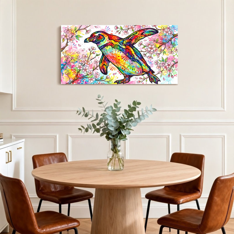 Animaux pingouins colorés sur fond de fleurs de cerisier, H 20 po x l 40 po
