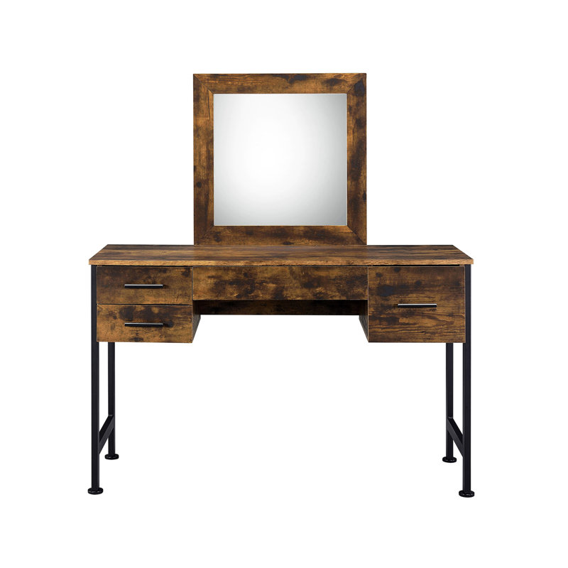 Ensemble de coiffeuse 4 tiroirs avec miroir, chêne rustique et noir