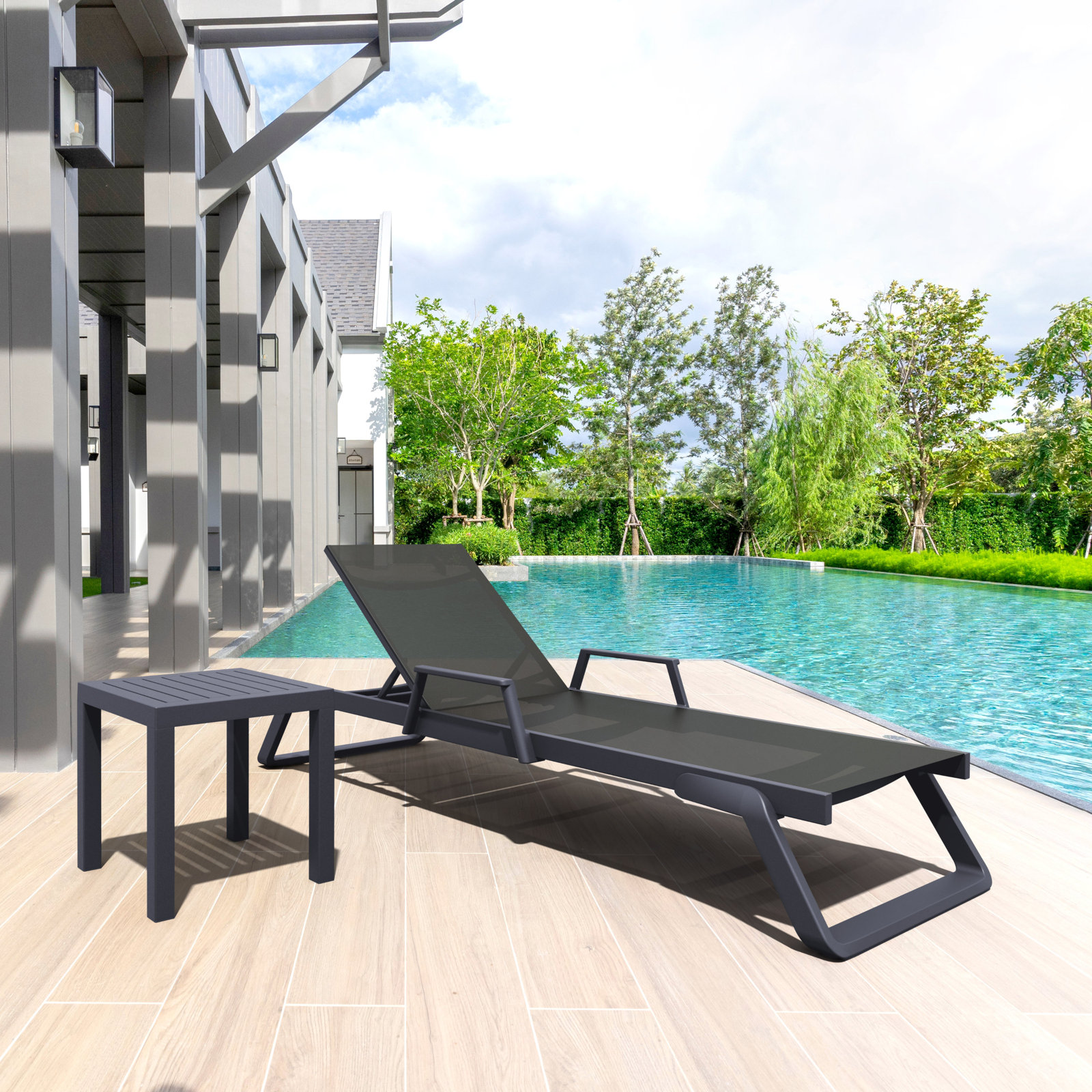 Genelda 28" Patio Chaise Lounge, Dark Gray/Black