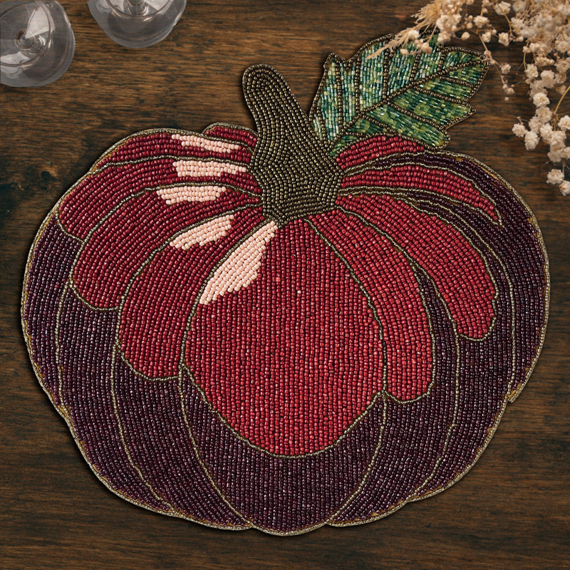 Beaded Handmade Placemats Set with Fall Pumpkin Design for Scratch-Free Holiday Table Decor, Red/Brown