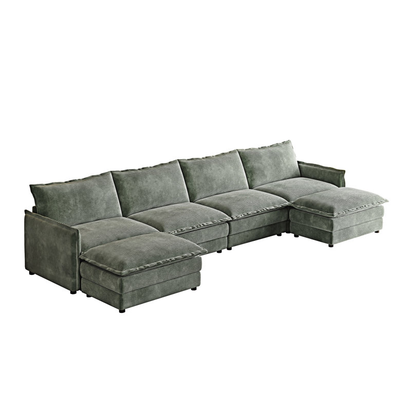 Upholstered Sofa Couch With Ottomans, 33.03" H x 142.03" W x 35.43" D, 4, Green