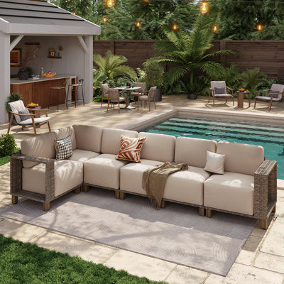 Canapé d'angle modulaire de 6 pièces pour terrasse avec coussins de 25 cm et résine tressée de première qualité