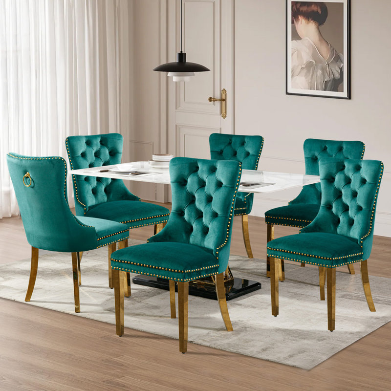 Chaises de salle à manger, chaise de salle à manger rembourrée haut de gamme avec anneau clouté, Doré, Velours vert, 4