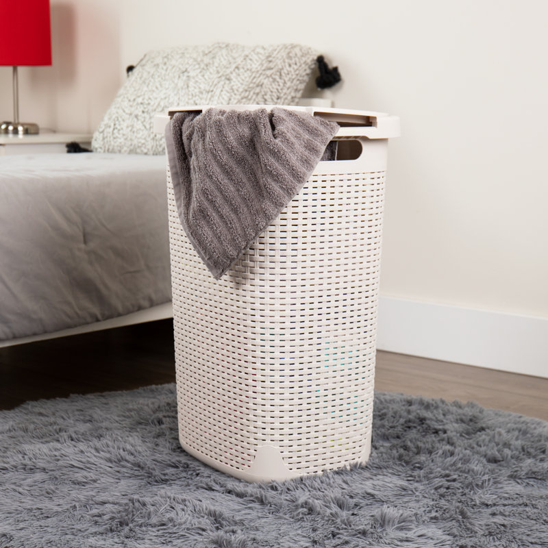 Ivory Plastic Wicker Collapsible Laundry Hamper with Wheels and Lid