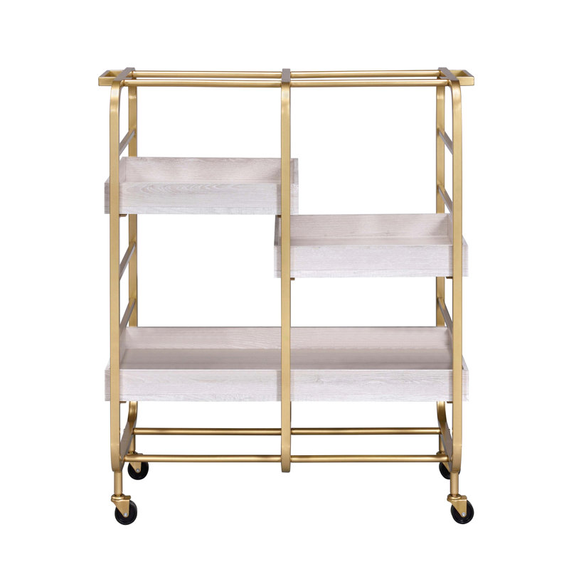 Gold And White Serving Cart For Dining - 3 Adjustable Trays, Metal Frame Kitchen With Trays Robust Enjoyment, Gold/White
