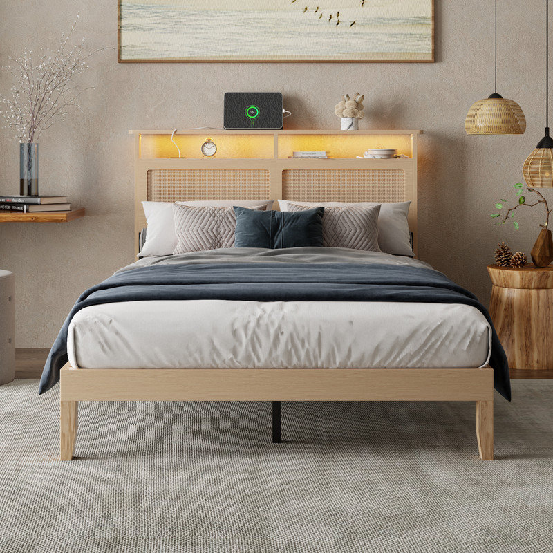 Full Bed With Open Storage Headboard, Adjustable Led Light And Charging Station, No Box Spring Needed, Full