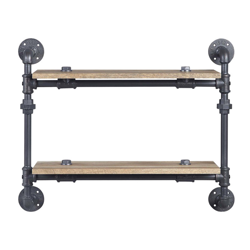 Water Pipe Style 2 Tier Wall Shelf, Oak Finish, Metal Frame, 23"L 12" For Stylish Office Decor Mounted And Metal, Sandy Black Color, Look, X 9"W Gap Storage Display