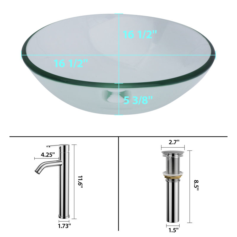 16-1/2 in. Above Counter Elegant Clear Cricle Glass Vessel Basin Round Bathroom Vessel Sink with Chrome Faucet and Pop-up Drain