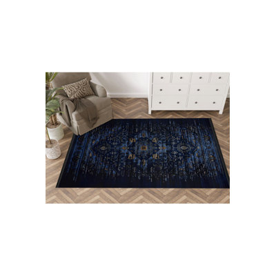 Navy Themed Traditional Motif Abstract Patterned Decorative Rug