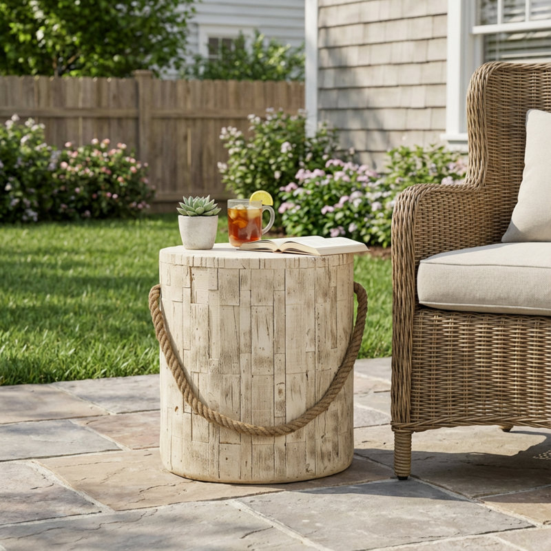 Holden Outdoor Cylindrical MGO Side Table with Wood Grain Finish & Braided Cord Accent