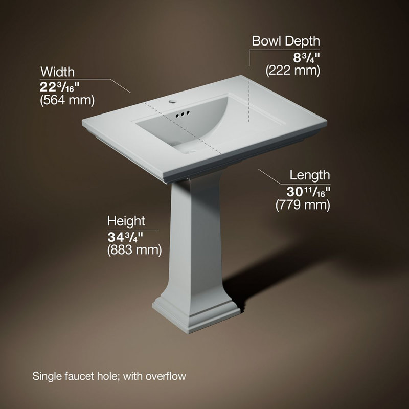 Memoirs® Stately 24" Pedestal Bathroom Sink with 4" Centerset Faucet Holes, Ice Gray, 34.75" H x 22.19" W x 30.69" L, Single
