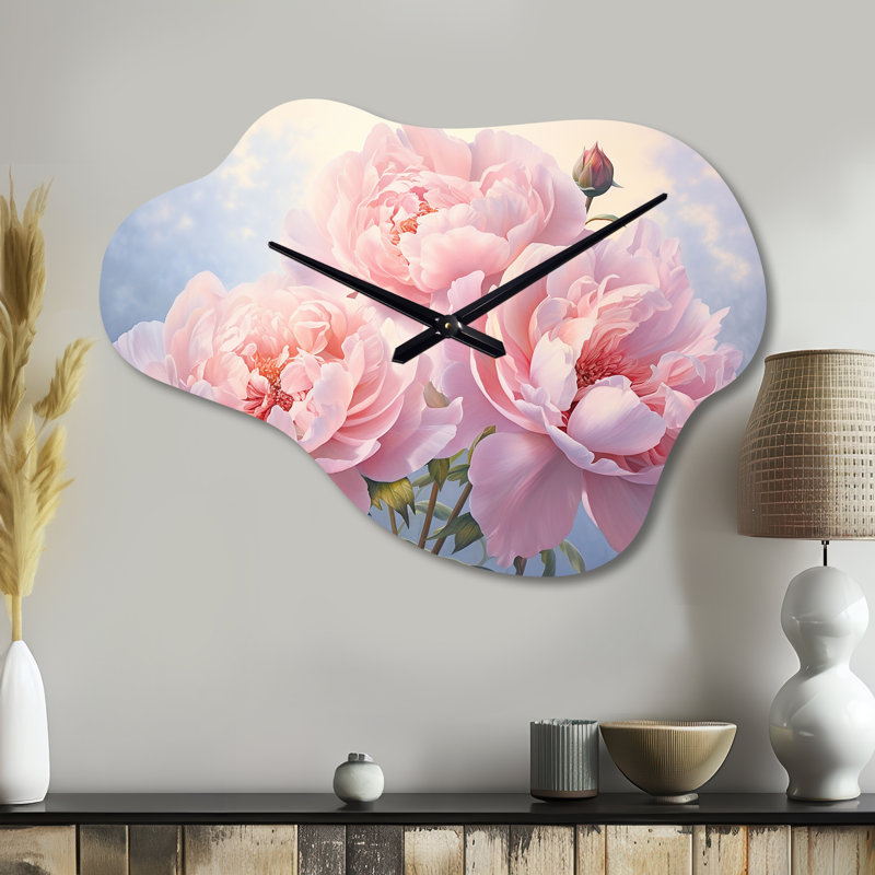 Pink Peony Perfection II - Floral Cloud Metal Wall Clock, Traditional Asymmetrical Wall Clock Print, Large