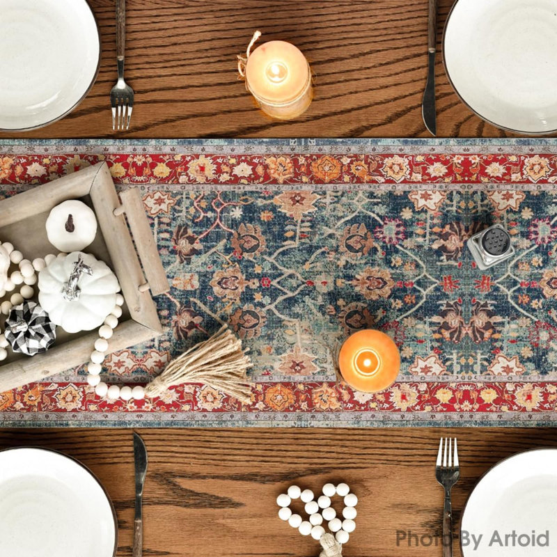 Boho Bohemia Style Red Table Runner, Country Rustic Farmhouse Magical Fall Kitchen Dining Table Decoration For Home Party Decor 13X72 Inch