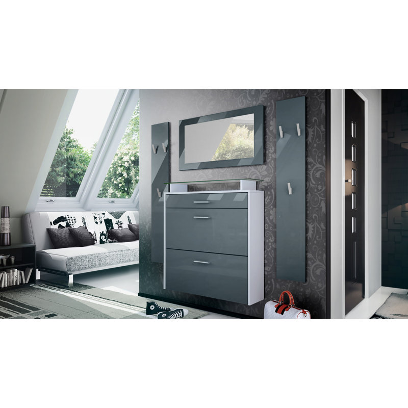 Mccarroll Hall Tree with Shoe Storage, Glossy grey/Matt white