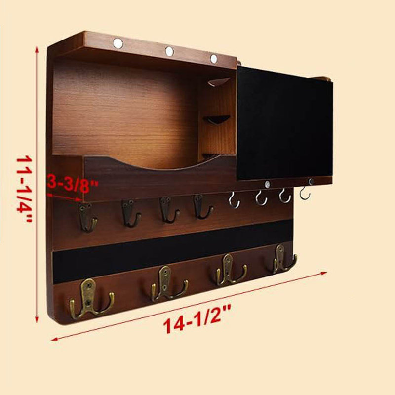 Brown Pine Wood Wall Mounted Key and Mail Holder with Chalkboard