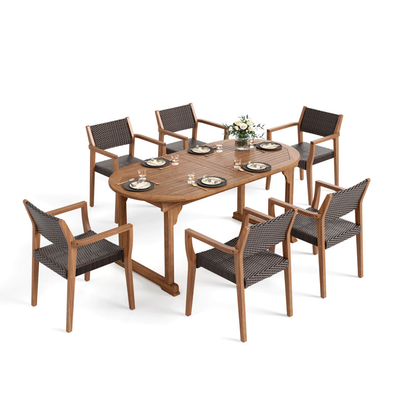 7-Piece Oval Extendable Wood Patio Dining Set With Rattan Armchairs, 6