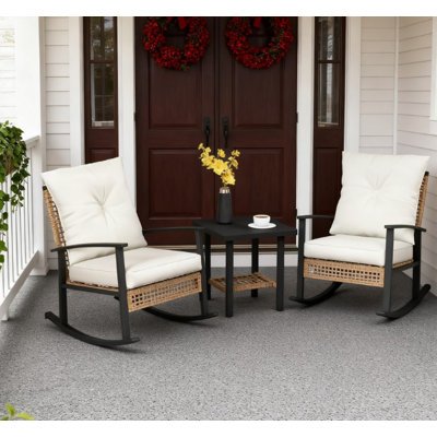 Patio Wicker Furniture Set With Button Tufted Cushions, Rattan Rocking Chairs, Coffee Table