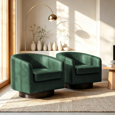 Applewold Upholstered Green Faux Leather Swivel Barrel Chair with Solid Wood Base