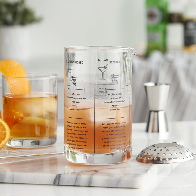 Clear Glass Recipe Mixing Glass with Printed Cocktail Recipes