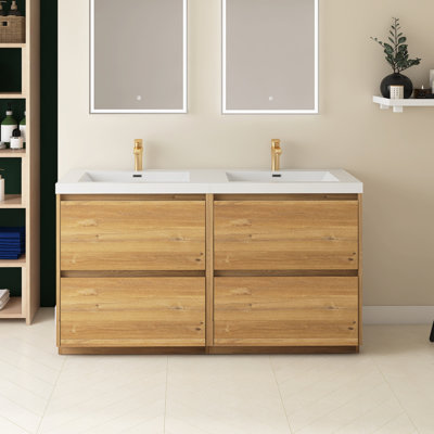 Meuble-lavabo autoportant à double cuve 59 po x l 20 po x H 33 po avec plateau en résine blanche
