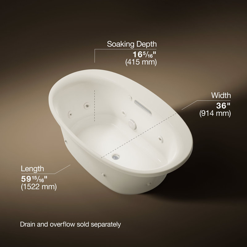 Underscore Ova 60" x 36" Drop In Whirlpool Acrylic Bathtub with Heater Included, Biscuit
