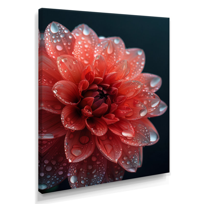 Dahlia nuance rouge nuances monochromes - art mural dans le salon, Toile tendue, H 34 po x l 44 po x P 1,5 po