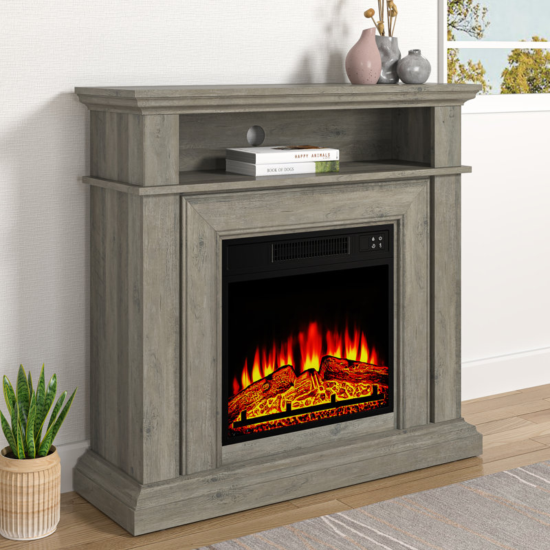 Farmhouse Gray Electric Fireplace TV Stand – Freestanding Heater Media Console, Realistic Log Flame, Open Storage Shelf,