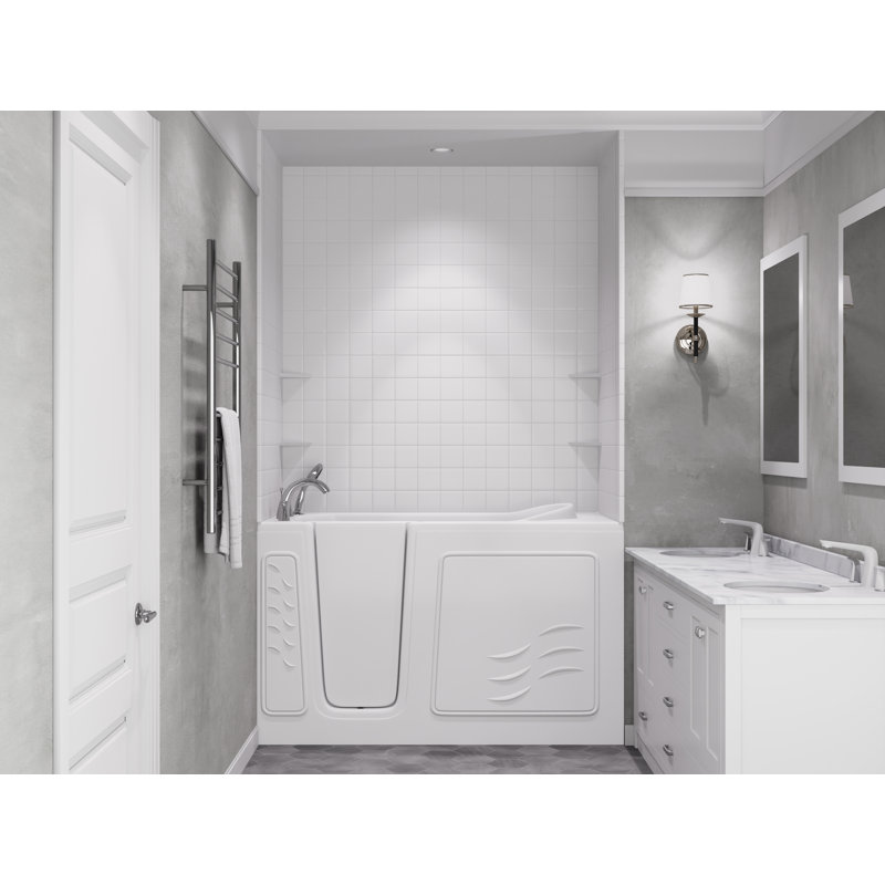 Nova Heated Series 30" x 59" Left Drain Air Jetted Bathtub in White with 4 in. Tile Shower Wall Kit, White, Left