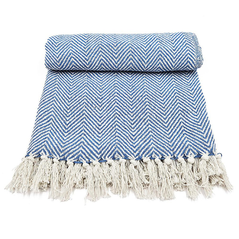Set of 2 Blue and White Recycled Cotton Throw Blankets with Tassels