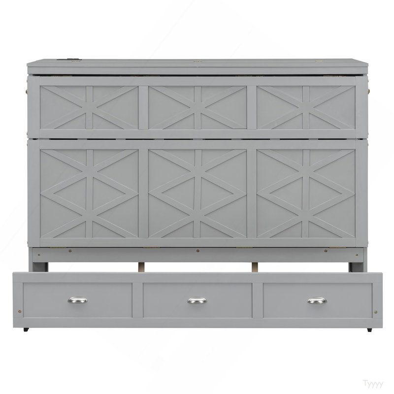 Grand lit escamotable avec grands tiroirs et USB, gris brossé, Grey