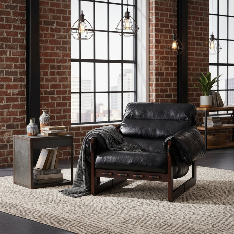 Fauteuil inclinable en bois d'inspiration rétro avec cuir ciré à l'huile, Noir antique