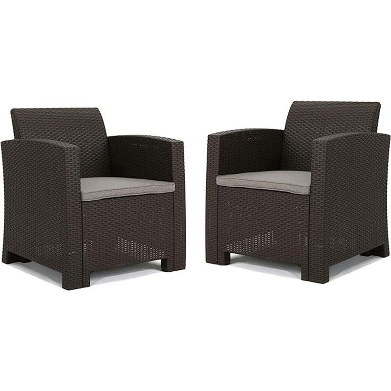 Ensemble de 2 fauteuils club d'extérieur en faux osier avec coussins imperméables, Brun, Gris