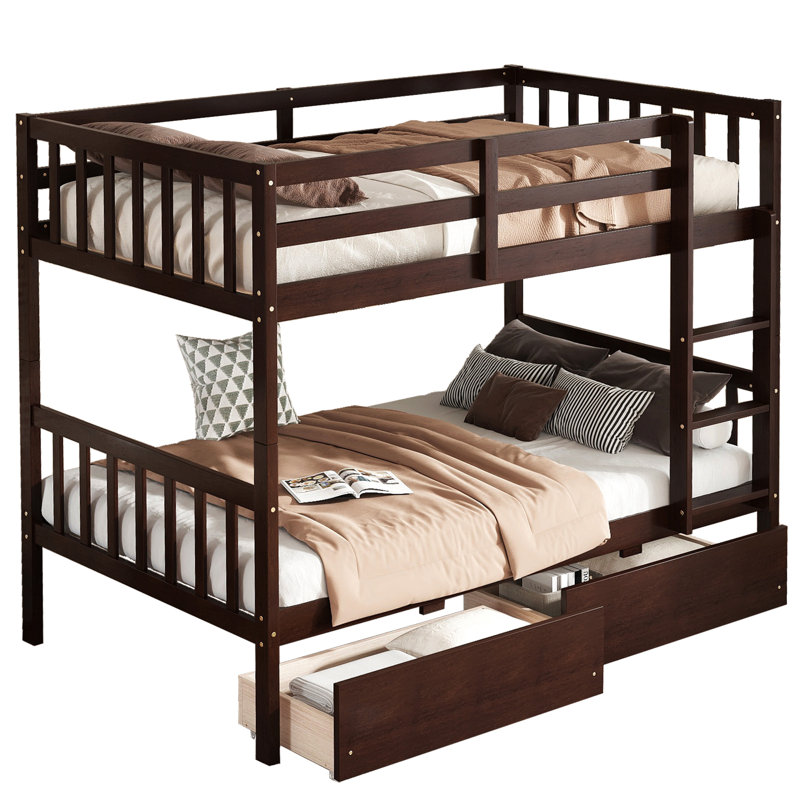 Rubber Wood Bunk Bed with Drawers, Ladder, and Guardrails, Full XL, Gray