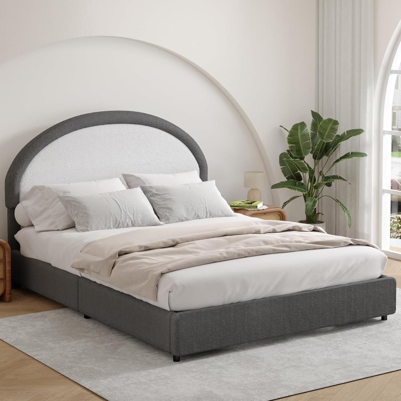 Bensu Boucle Upholstered Platform Bed Frame with Headboard - Soft Rounded Corner Design, Modern Bedroom Furniture, Gray, Full