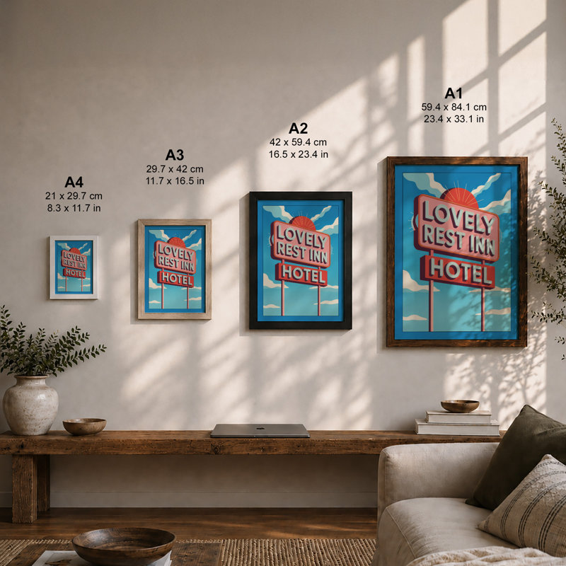 Lovely Rest Inn Sign Retro - Framed Print, A1 - 84.1 x 59.4 cm, Walnut