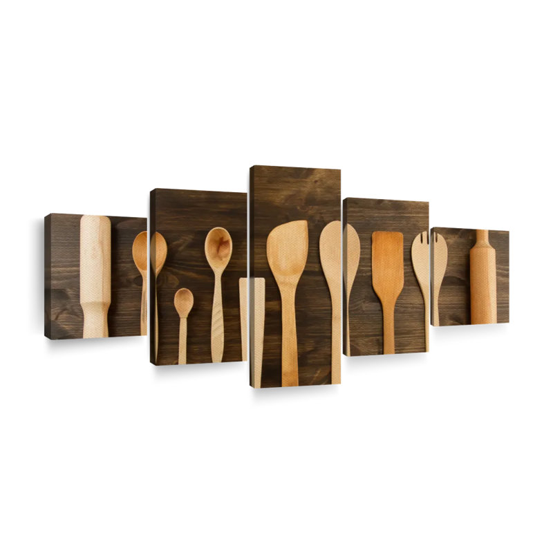 Ustensiles de cuisine en bois - Ensemble de 5 toiles tendues, H 34 po x l 74 po x P 1,25 po