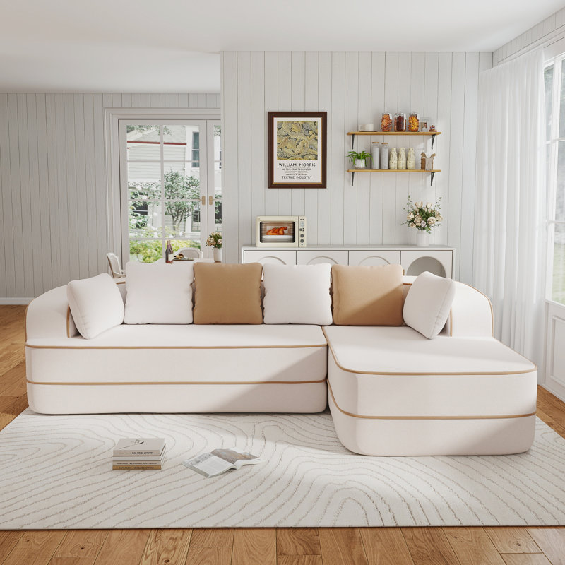 Canapé modulaire de cinéma maison en tissu 106 po avec méridienne et siège profond sans assemblage, ivoire, Orienté à droite