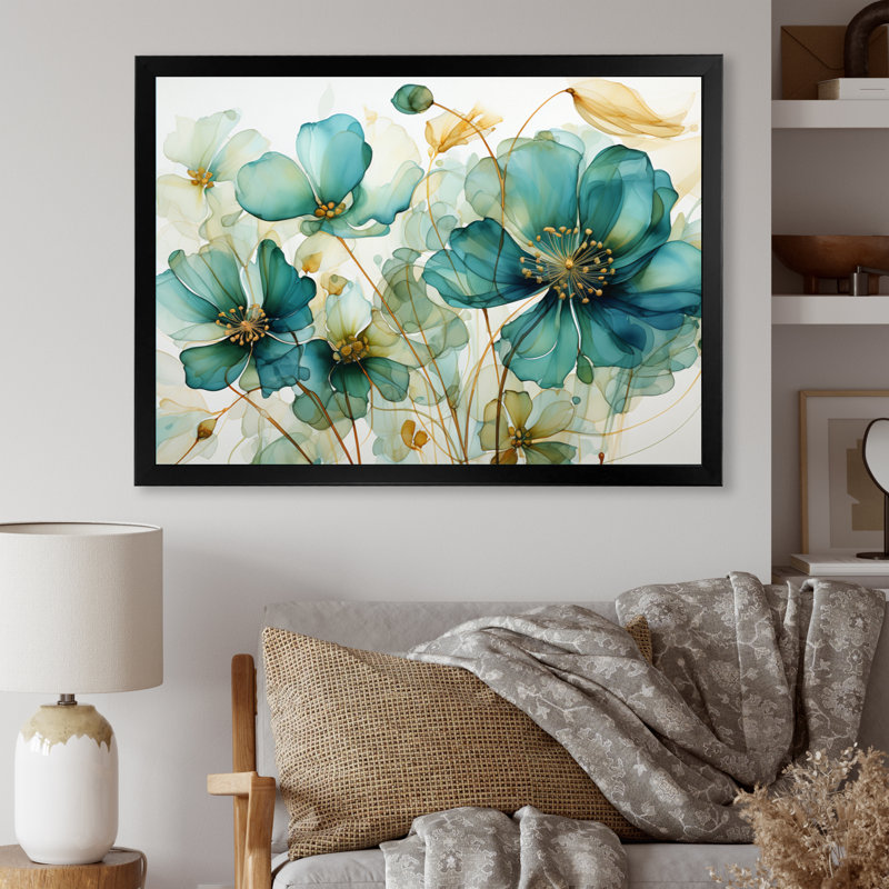 «Teal Green Organic croissance - Abstract Botanicals», art mural, H 30 po x l 40 po x P 1,5 po, Cadre simple noir