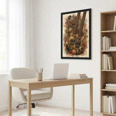 Black Framed，Canvas Wall Art for Living Room, Bedroom, Office or Entryway – Decorative Wall Decor with Steampunk Guitar