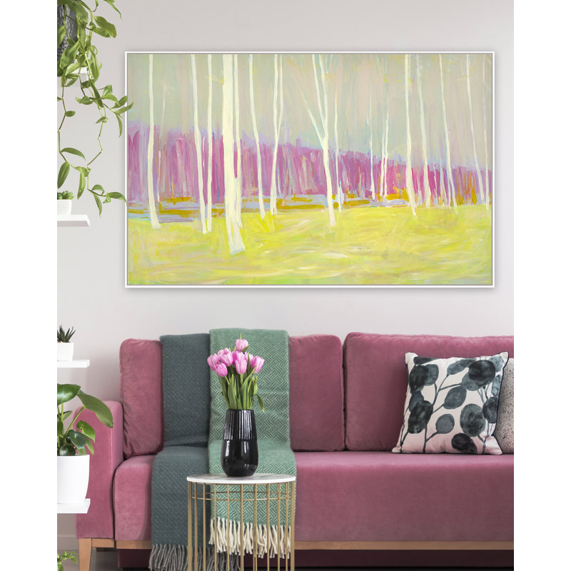 «Pink Yellow Woods» par Katie Ré Scheidt, H 39,25 po x l 61,25 po, Cadre flottant blanc