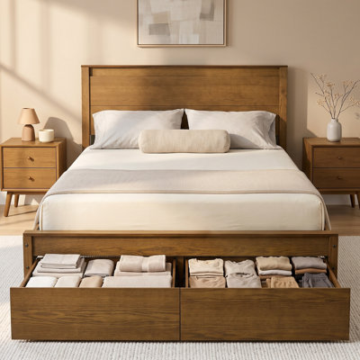 Solid Wood Queen Size Bed Frame with Headboard, Platform Bed frame Queen Size with 2 Storage Drawers, Wooden Slats, No Box Spring Needed, Noise Free
