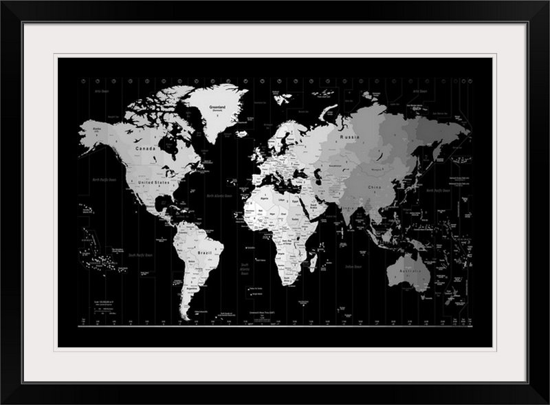 «Francy World Timezone Map» par Bellen, impression, H 28 po x l 38 po x P 1 po, Cadre noir