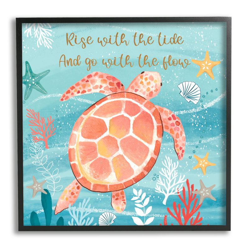 " Go With The Flow Sea Turtle Uplifting Message " by Sharon Lee, Black Framed, 12" H x 12" W x 1.5" D