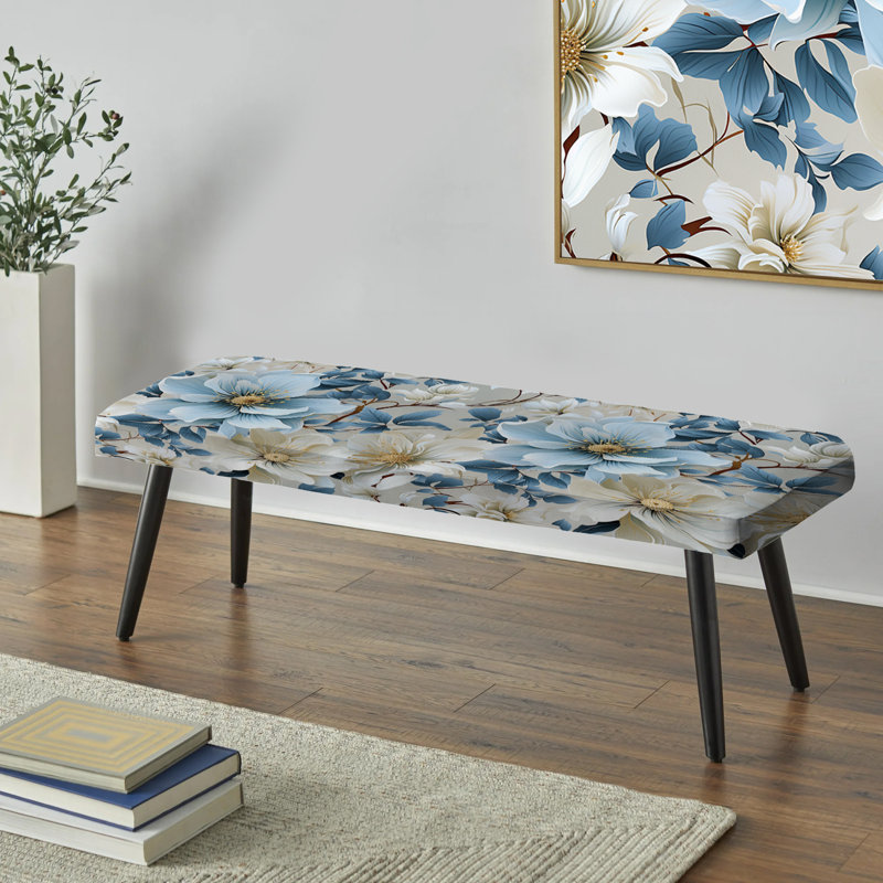 Motif floral blanc et bleu I - banc rembourré floral noir