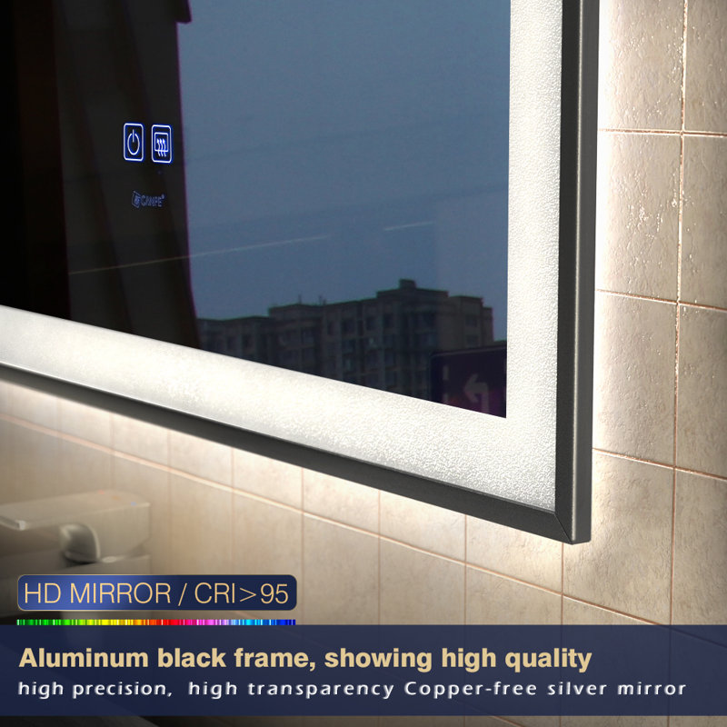 Miroir de salle de bain à DEL avec cadre noir, miroir de maquillage lumineux et antibuée à intensité variable, 3 lumières de couleur